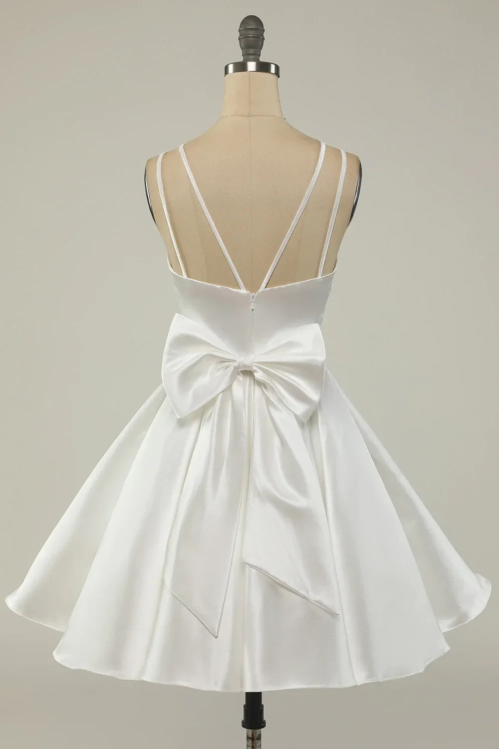 Chic Satin A-Line Plunge V-Neck Double Spaghetti Strap Open Back Bow Short Mini Homecoming Dresses