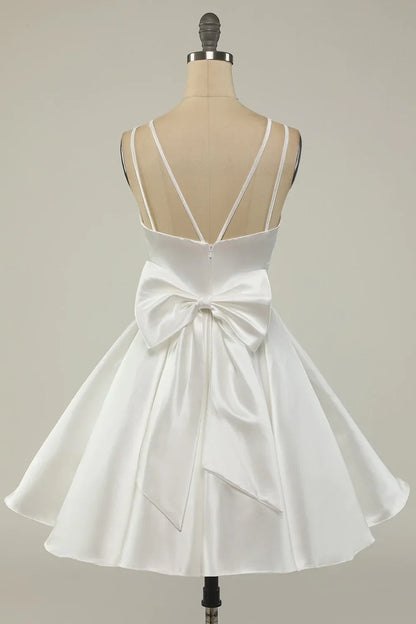 Chic Satin A-Line Plunge V-Neck Double Spaghetti Strap Open Back Bow Short Mini Homecoming Dresses