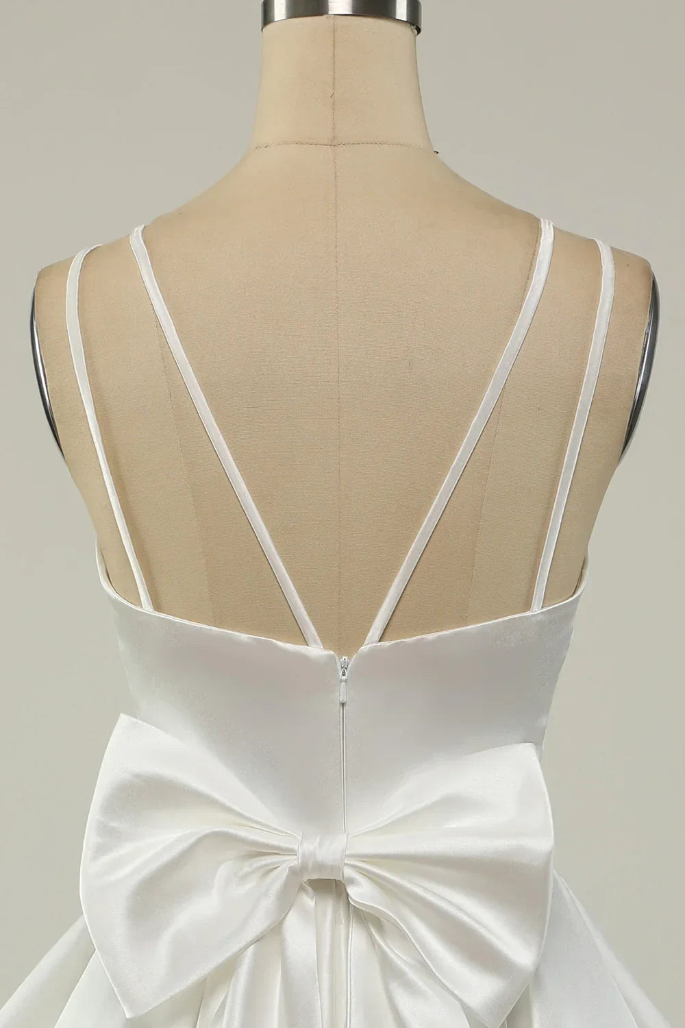 Chic Satin A-Line Plunge V-Neck Double Spaghetti Strap Open Back Bow Short Mini Homecoming Dresses