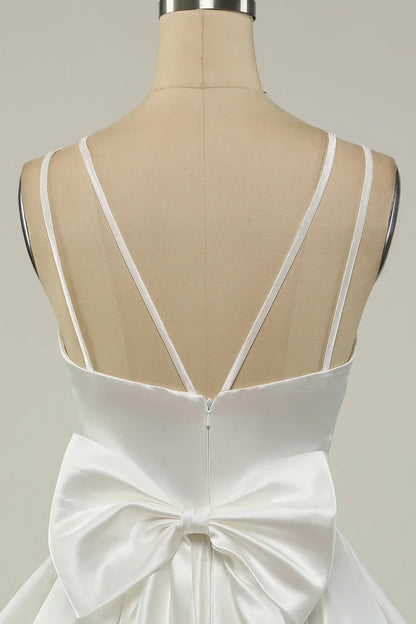 Chic Satin A-Line Plunge V-Neck Double Spaghetti Strap Open Back Bow Short Mini Homecoming Dresses