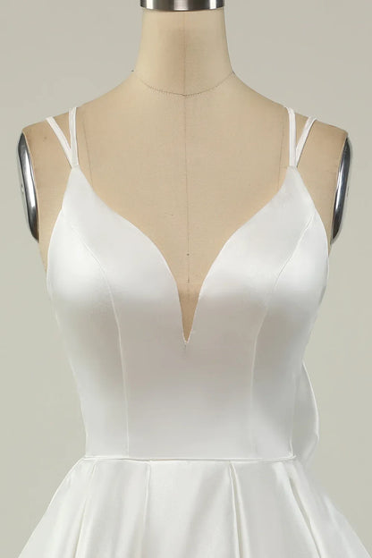Chic Satin A-Line Plunge V-Neck Double Spaghetti Strap Open Back Bow Short Mini Homecoming Dresses