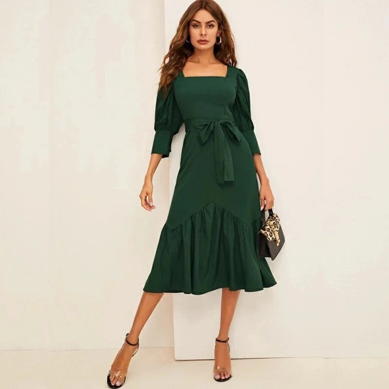 Chic Satin A-Line Square Neck Puffed Elbow Sleeve Closed Back Midi Evening Dresses