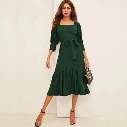 Chic Satin A-Line Square Neck Puffed Elbow Sleeve Closed Back Midi Evening Dresses