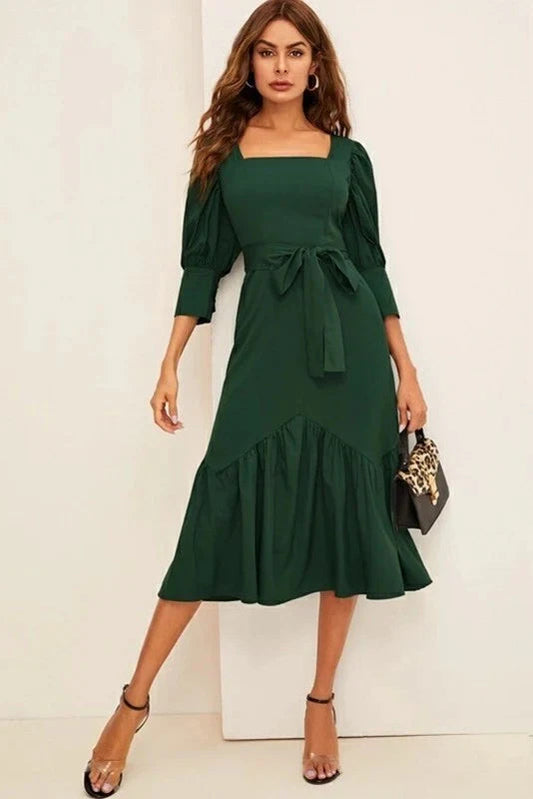 Chic Satin A-Line Square Neck Puffed Elbow Sleeve Closed Back Midi Evening Dresses