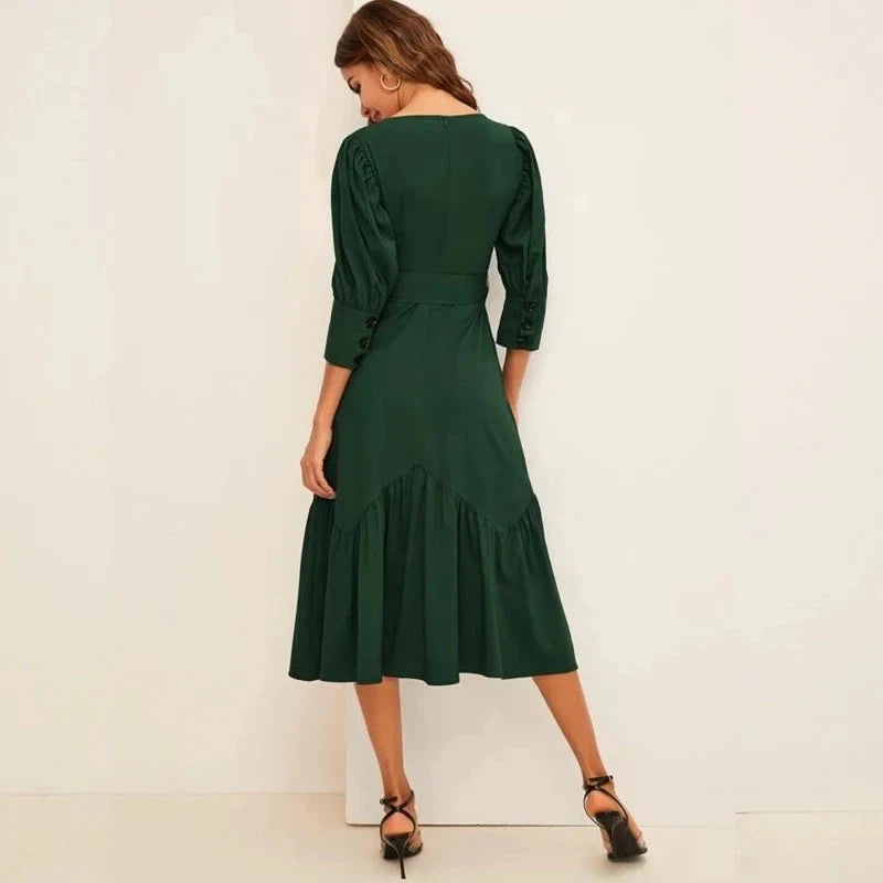 Chic Satin A-Line Square Neck Puffed Elbow Sleeve Closed Back Midi Evening Dresses
