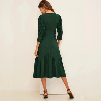Chic Satin A-Line Square Neck Puffed Elbow Sleeve Closed Back Midi Evening Dresses