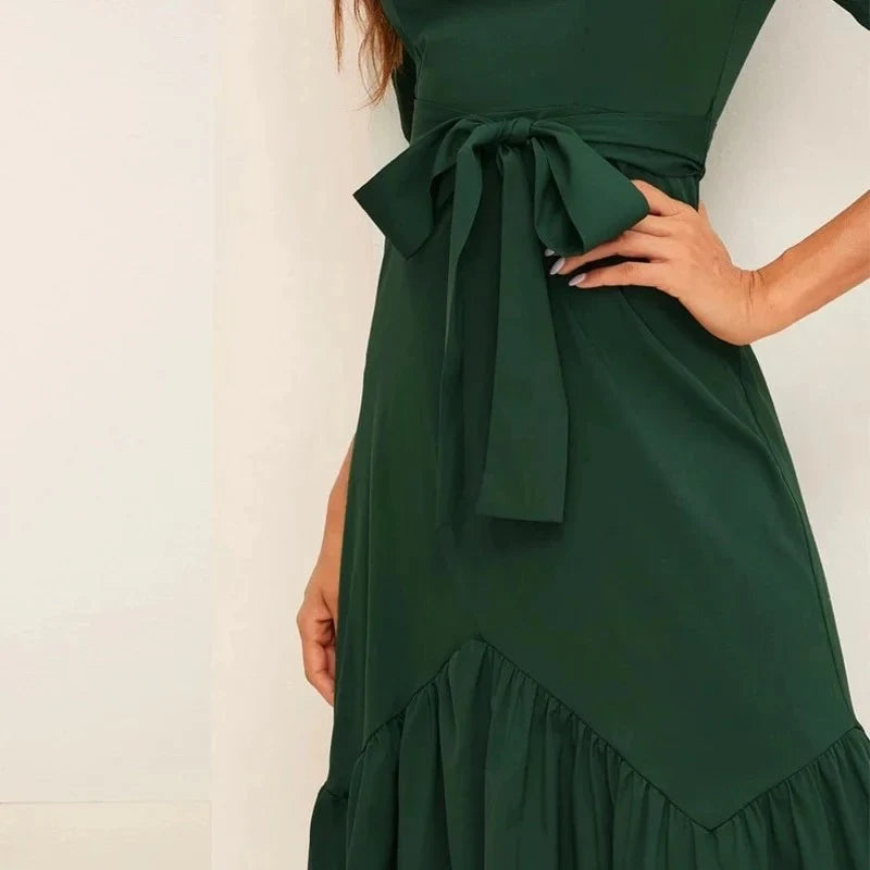 Chic Satin A-Line Square Neck Puffed Elbow Sleeve Closed Back Midi Evening Dresses