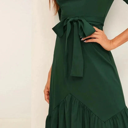 Chic Satin A-Line Square Neck Puffed Elbow Sleeve Closed Back Midi Evening Dresses