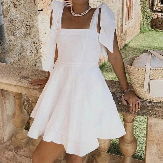 Chic Satin A-Line Square Neck Puffy Bow Shoulder Straps Zipper Back Above Knee Homecoming Dresses