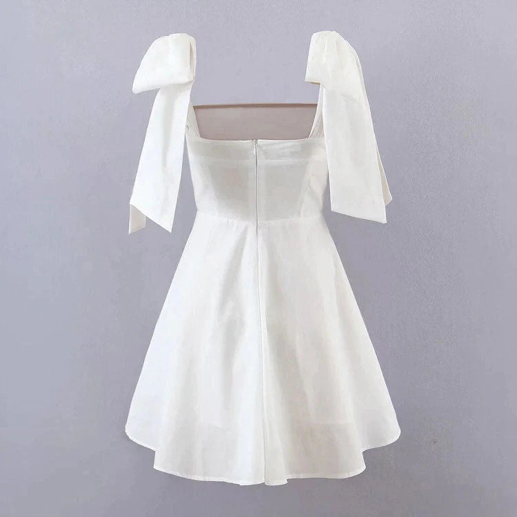 Chic Satin A-Line Square Neck Puffy Bow Shoulder Straps Zipper Back Above Knee Homecoming Dresses