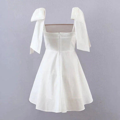 Chic Satin A-Line Square Neck Puffy Bow Shoulder Straps Zipper Back Above Knee Homecoming Dresses