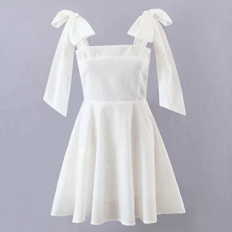 Chic Satin A-Line Square Neck Puffy Bow Shoulder Straps Zipper Back Above Knee Homecoming Dresses