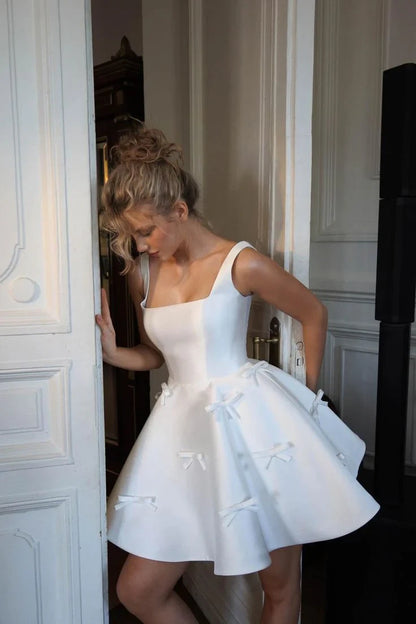 Chic Satin A-Line Square Neck Sleeveless Open Back Short Homecoming Dresses with Bows
