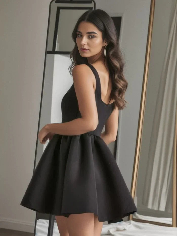 Chic Satin A-Line Square Neck Sleeveless Square Back Above Knee Mini Homecoming Dresses