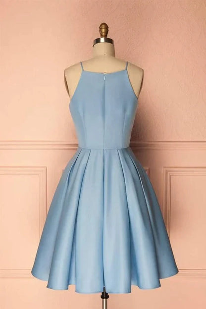 Chic Satin A-Line Square Neck Sleeveless Zipper Back Short Homecoming Dresses