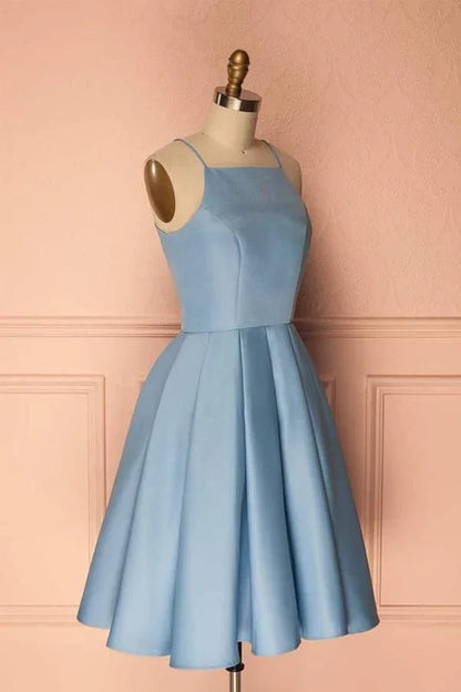 Chic Satin A-Line Square Neck Sleeveless Zipper Back Short Homecoming Dresses