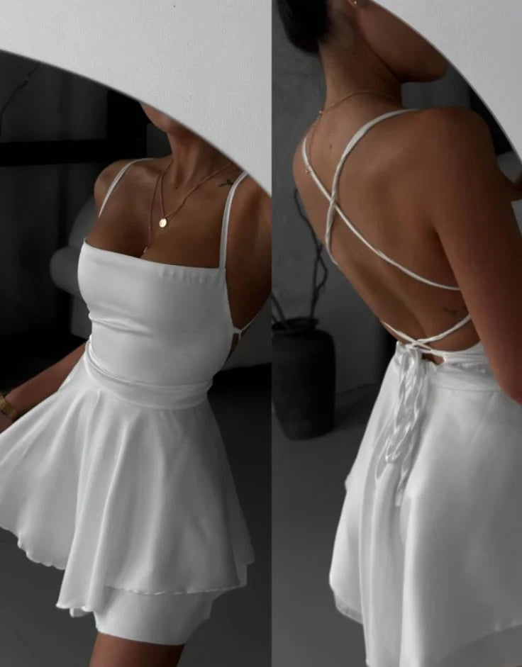 Chic Satin A-Line Square Neck Spaghetti Strap Criss-Cross Back Mini Homecoming Dresses
