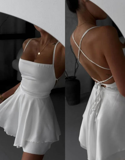 Chic Satin A-Line Square Neck Spaghetti Strap Criss-Cross Back Mini Homecoming Dresses