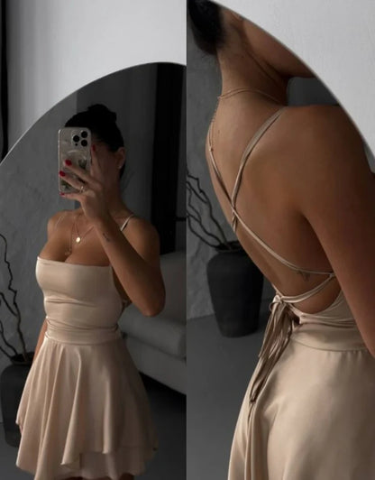 Chic Satin A-Line Square Neck Spaghetti Strap Criss-Cross Back Mini Homecoming Dresses