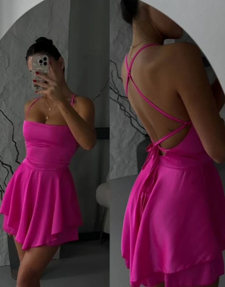Chic Satin A-Line Square Neck Spaghetti Strap Criss-Cross Back Mini Homecoming Dresses