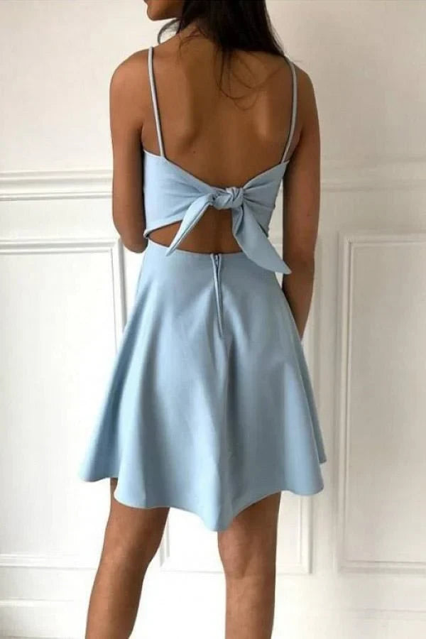 Chic Satin A-Line Square Neck Spaghetti Straps Open Tie Back Above Knee Homecoming Dresses