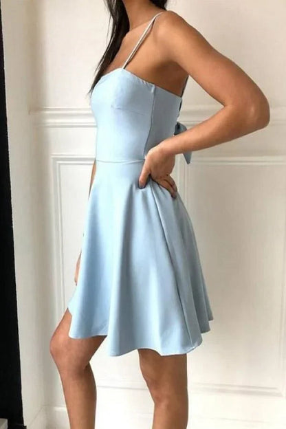 Chic Satin A-Line Square Neck Spaghetti Straps Open Tie Back Above Knee Homecoming Dresses