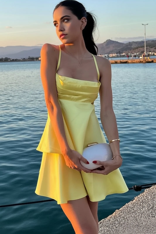 Chic Satin A-Line Straight Neckline Sleeveless Criss-Cross Open Back Short Homecoming Dresses