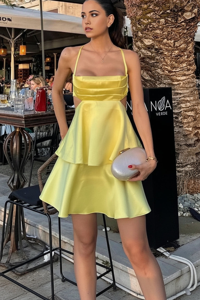 Chic Satin A-Line Straight Neckline Sleeveless Criss-Cross Open Back Short Homecoming Dresses