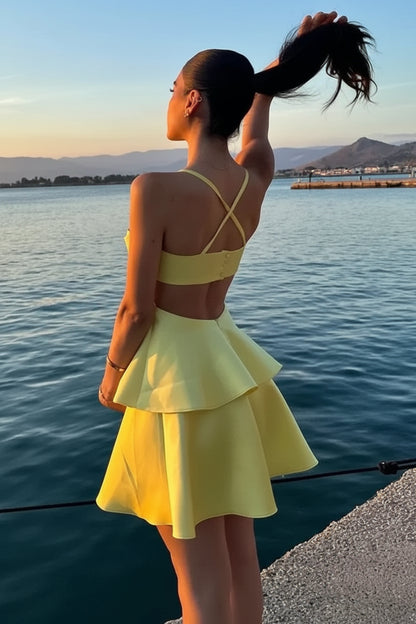 Chic Satin A-Line Straight Neckline Sleeveless Criss-Cross Open Back Short Homecoming Dresses