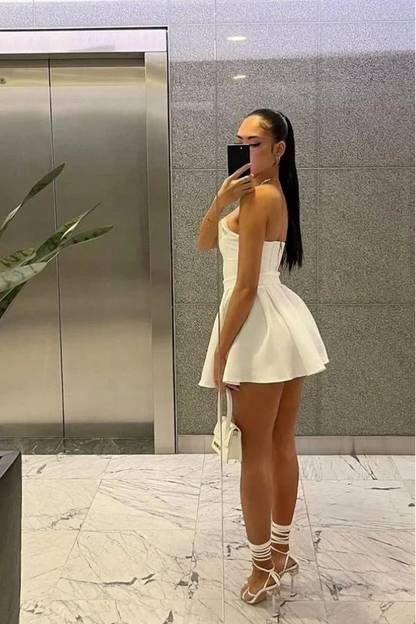 Chic Satin A-Line Strapless Sleeveless Straight Back Mini Homecoming Dresses