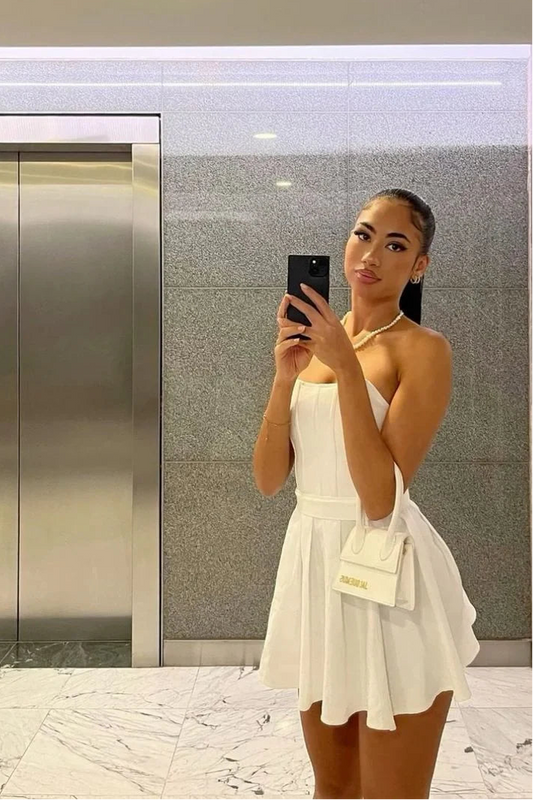 Chic Satin A-Line Strapless Sleeveless Straight Back Mini Homecoming Dresses