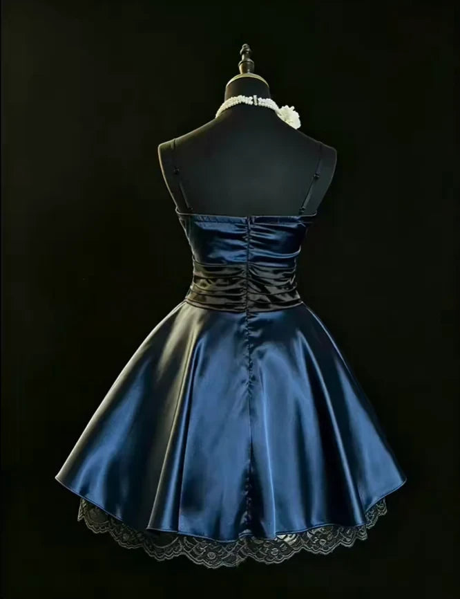 Chic Satin A-Line Strapless Spaghetti Strap Back Short Homecoming Dresses