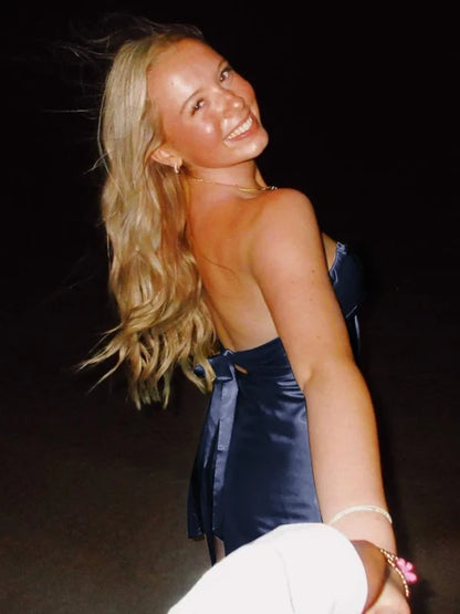 Chic Satin A-Line Strapless Sweetheart Sleeveless Open Back Tie Short Homecoming Dresses
