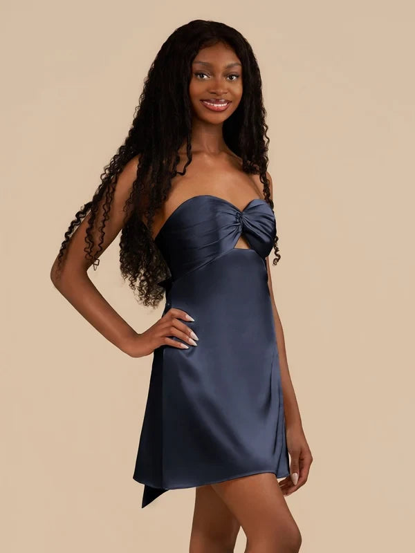 Chic Satin A-Line Strapless Sweetheart Sleeveless Open Back Tie Short Homecoming Dresses