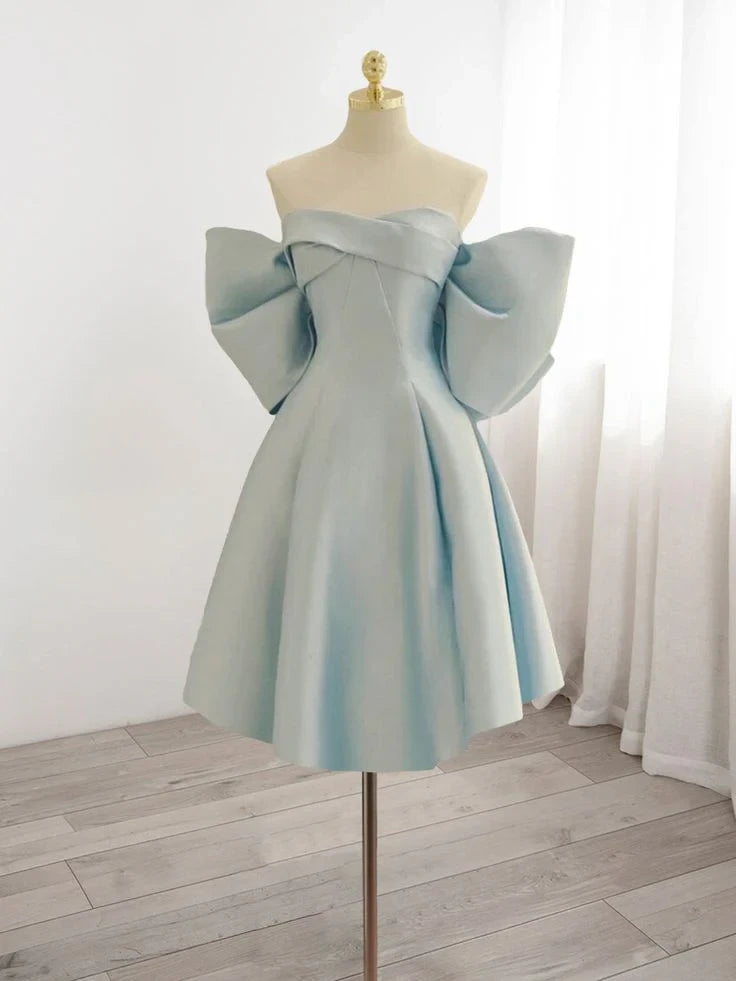 Chic Satin A-Line Sweetheart Off-Shoulder Puffy Sleeves Big Bow Back Short Homecoming Dresses