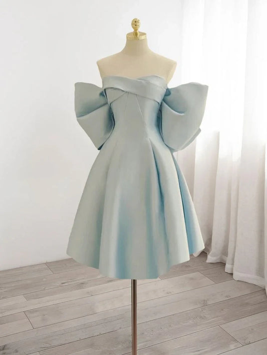 Chic Satin A-Line Sweetheart Off-Shoulder Puffy Sleeves Big Bow Back Short Homecoming Dresses