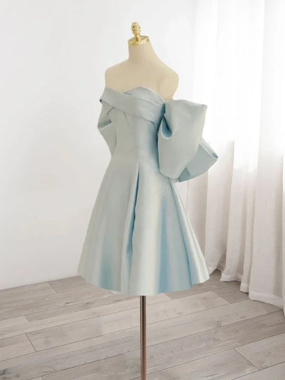 Chic Satin A-Line Sweetheart Off-Shoulder Puffy Sleeves Big Bow Back Short Homecoming Dresses