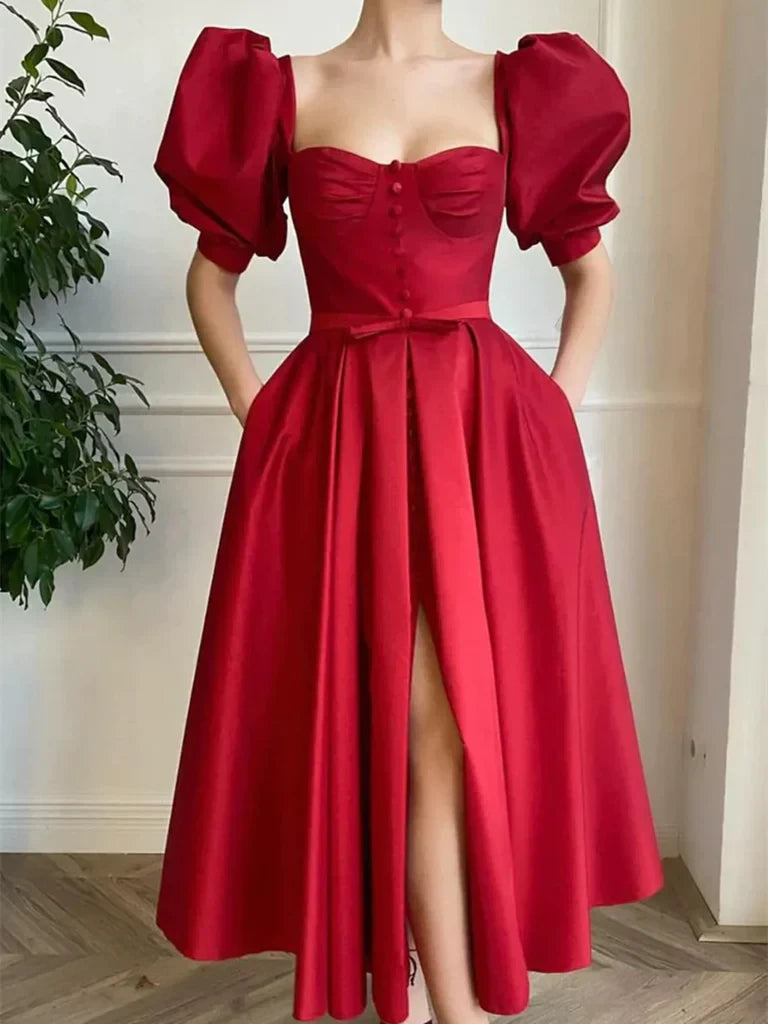 Chic Satin A-Line Sweetheart Square Neck Puffy Short Sleeve Tie-Back Open Back Midi Homecoming Dresses