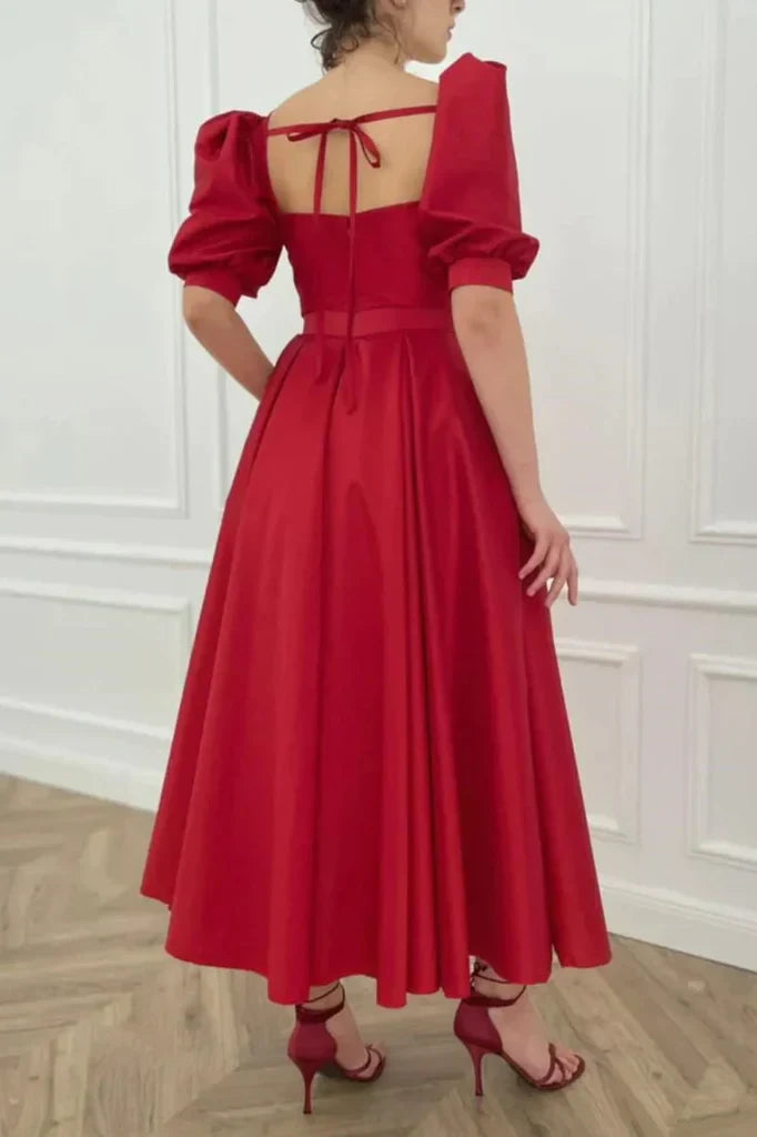 Chic Satin A-Line Sweetheart Square Neck Puffy Short Sleeve Tie-Back Open Back Midi Homecoming Dresses
