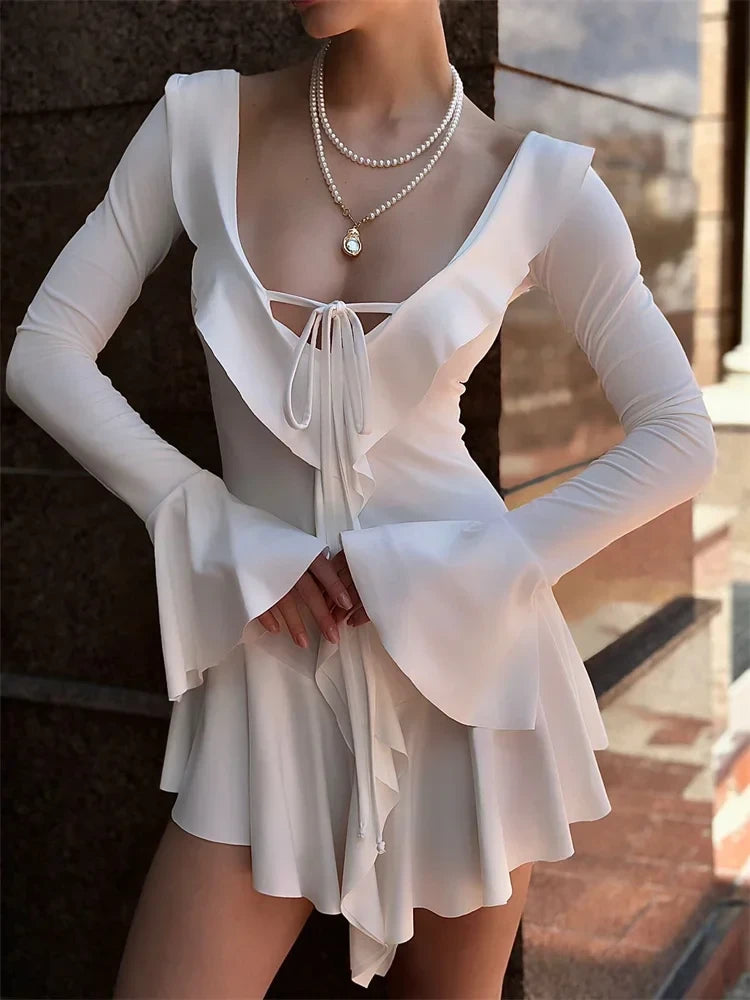 Chic Satin A-Line V-Neck Bell Sleeve Scoop Back Mini Homecoming Dresses