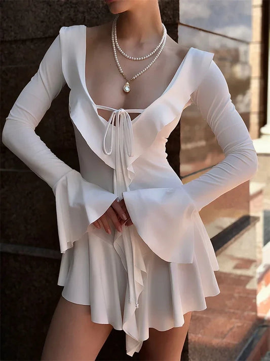 Chic Satin A-Line V-Neck Bell Sleeve Scoop Back Mini Homecoming Dresses