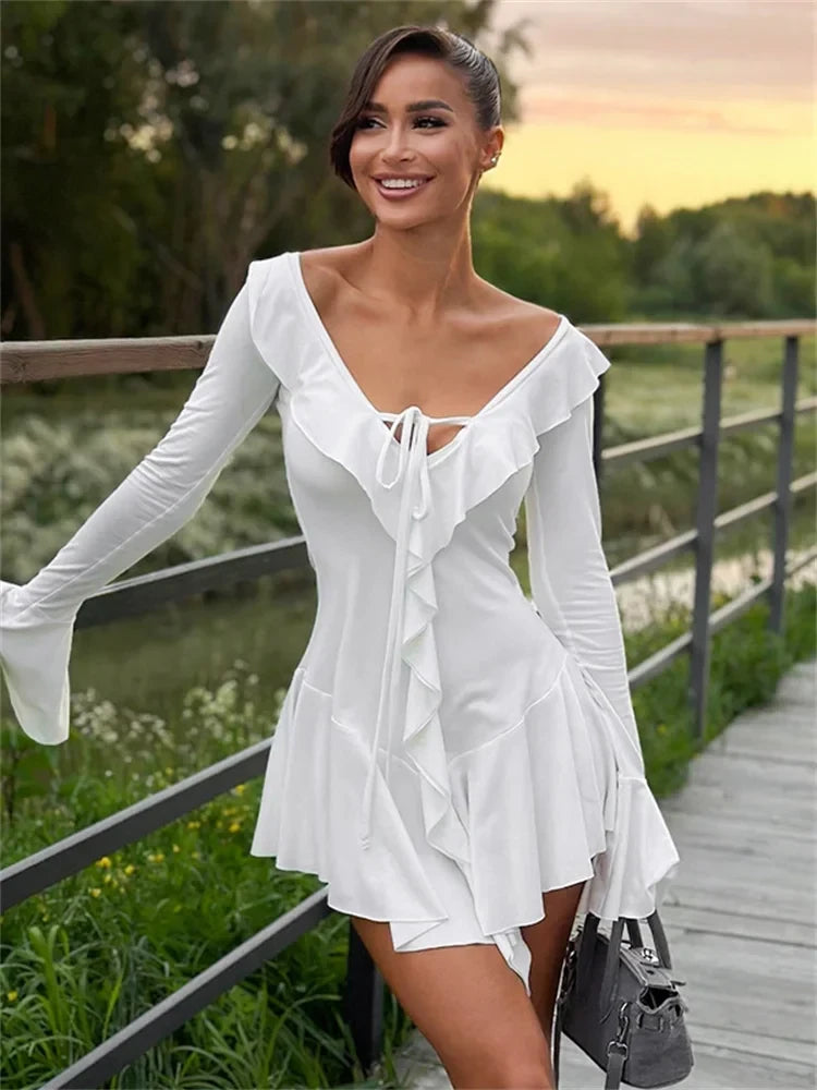 Chic Satin A-Line V-Neck Bell Sleeve Scoop Back Mini Homecoming Dresses