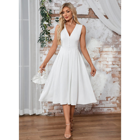 Chic Satin A-Line V-Neck Sleeveless Plain Back Midi Homecoming Dresses