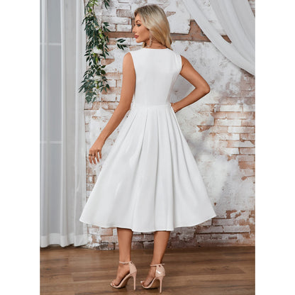Chic Satin A-Line V-Neck Sleeveless Plain Back Midi Homecoming Dresses
