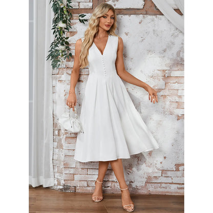Chic Satin A-Line V-Neck Sleeveless Plain Back Midi Homecoming Dresses