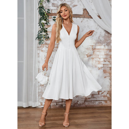 Chic Satin A-Line V-Neck Sleeveless Plain Back Midi Homecoming Dresses
