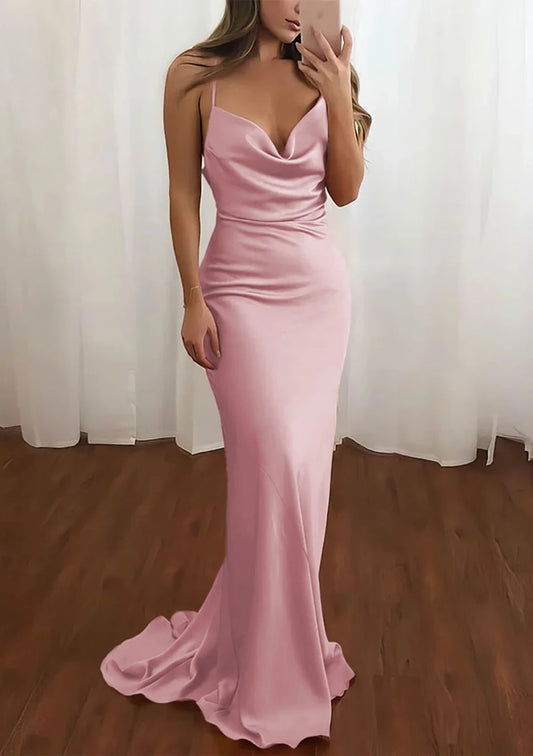 Chic Satin Mermaid Cowl Neck Spaghetti Strap Open Lace-Up Back Long Evening Dresses