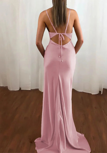Chic Satin Mermaid Cowl Neck Spaghetti Strap Open Lace-Up Back Long Evening Dresses