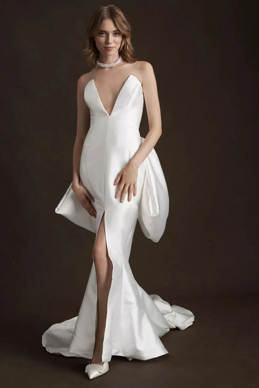Chic Satin Mermaid Deep V-Neck Strapless Open Back Bow Floor-Length Wedding Dresses