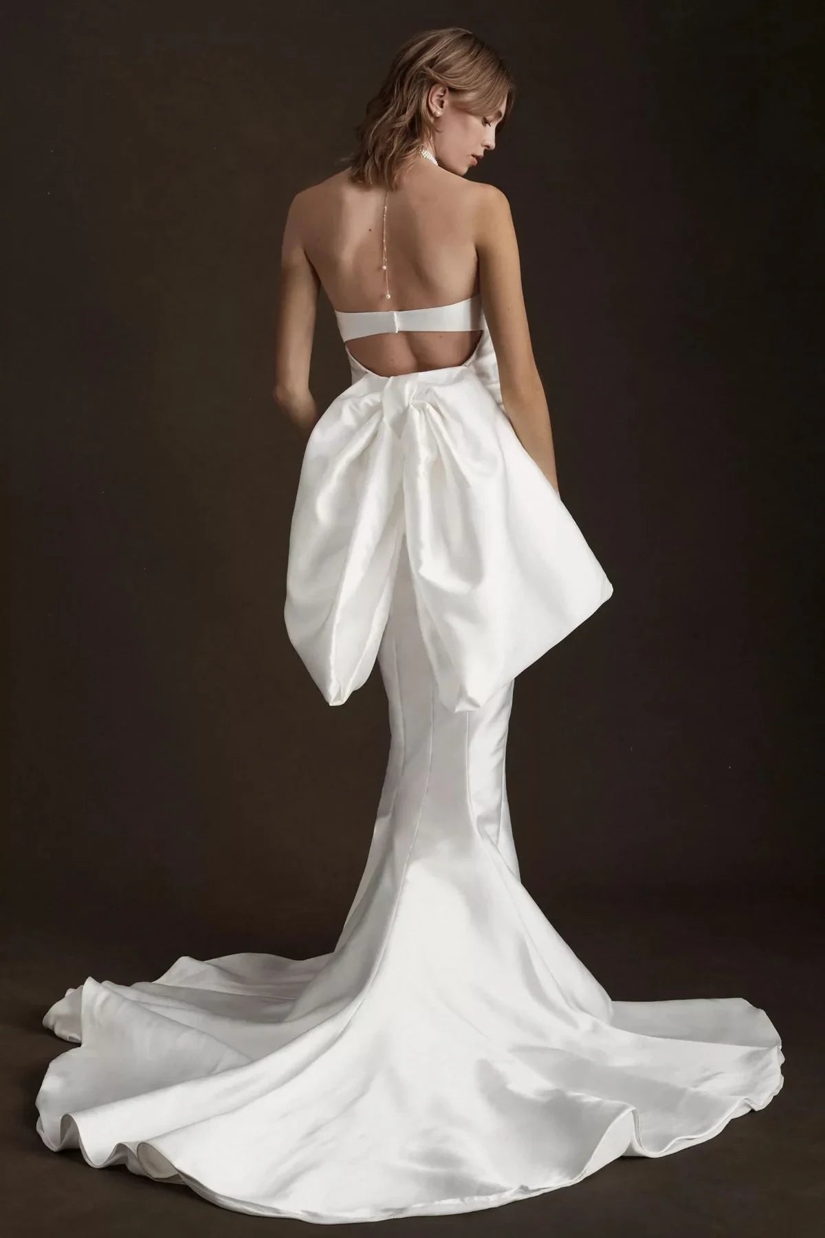 Chic Satin Mermaid Deep V-Neck Strapless Open Back Bow Floor-Length Wedding Dresses